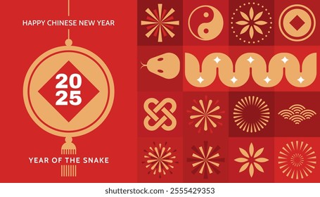 Chinese New Year 2025, Year of the Snake. Chinese zodiac Snake symbol. Lunar New Year background, banner, poster, greeting card.