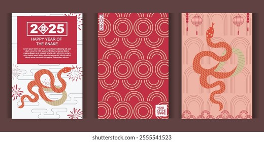 Chinese New Year 2025 Snake zodiac poster with minimalist gold colored lanterns and Asian elements Set.
