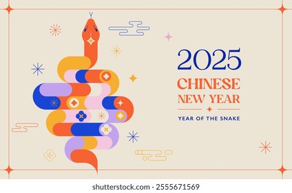 Chinese new year 2025 year of the Snake. Red Snake illustrations, wallpaper design, cards, banners. Traditional Chinese vector designs with snakes. Lunar new year concept, geometric modern vector