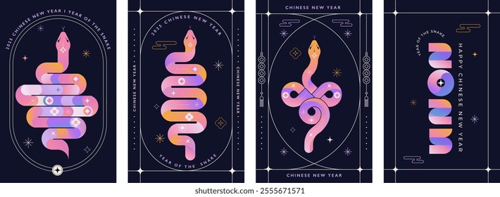 Chinese new year 2025 year of the Snake. Red Snake illustrations, vertical design, cards, banners. Traditional Chinese vector designs with snakes. Lunar new year concept, geometric modern vector