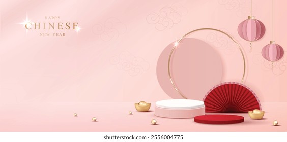 Chinese new year 2025 year of the snake for product. podium, backdrop, products showcase and promotion display on pink background. lunar new year concept. vector design.