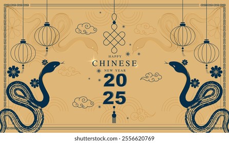 Chinese New Year 2025 of the snake banner template modern art design set on background. chinese lantern and chinese fan on background. traditional chinese vector design with snake.