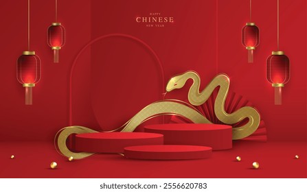 Chinese new year 2025 year of the snake for product. podium, backdrop, products showcase and promotion display on red background. lunar new year concept. vector design.