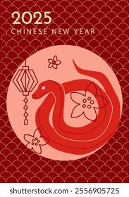 Chinese new year 2025 year of the Snake. Red traditional Chinese vector designs with snakes. in red, gold and white colors for cover, card, poster, banner.