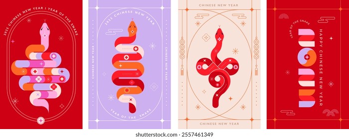 Chinese new year 2025 year of the Snake. Red Snake illustrations, vertical design, cards, banners. Traditional Chinese vector designs with snakes. Lunar new year concept, geometric modern vector