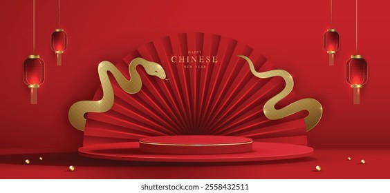 Chinese new year 2025 year of the snake for product. podium, backdrop, products showcase and promotion display on red background. lunar new year concept. vector design.