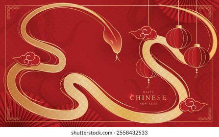 Chinese New Year 2025 of the snake banner template modern art design set on background. chinese lantern and chinese fan on red background. traditional chinese vector design with snake.