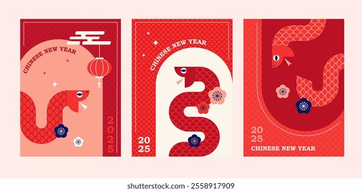 Chinese new year 2025 year of the Snake. Red Snake vertical design, cards, story templates and envelope design. Lunar new year concept, geometric modern vector design