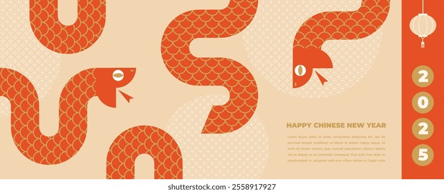 Chinese new year 2025 year of the Snake. Red Snake illustrations, wallpaper design, cards, banners. Traditional Chinese vector designs with snakes. Lunar new year concept, geometric modern vector
