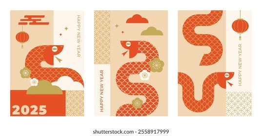 Chinese new year 2025 year of the Snake. Red Snake illustrations, wallpaper design, cards, banners. Traditional Chinese vector designs with snakes. Lunar new year concept, geometric modern vector