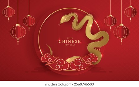 Chinese new year 2025 of the snake banner template design with snake, chinese lantern and chinese  fan red background. red traditional chinese vector design with snake.