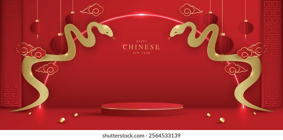 Chinese new year 2025 year of the snake for product. podium, backdrop, products showcase and promotion display on red background. lunar new year concept. vector design.