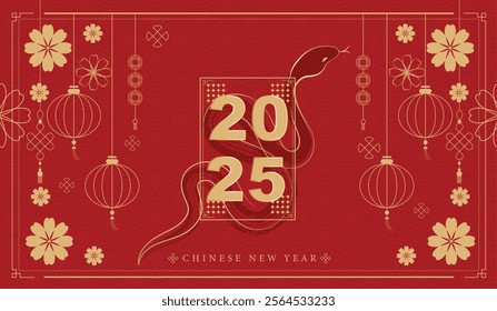 Chinese New Year 2025 of the snake banner template modern art design set on background. chinese lantern and chinese fan on red background. traditional chinese vector design with snake.