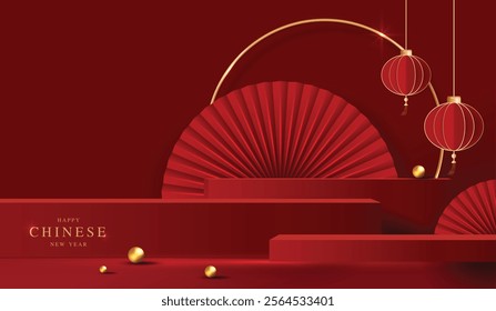 Chinese new year 2025 year of the snake for product. podium, backdrop, products showcase and promotion display on red background. lunar new year concept. vector design.