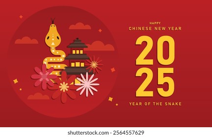 Chinese New Year 2025, Year of the snake, Lunar New Year design with snake gold colour version. 2025 chinese new year with gold number on red background