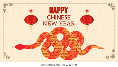 Chinese new year 2025 the year of Snake. The Chinese ornament inside red Snake illustration. Horizontal design card on Chinese decorate frame and Chinese red lantern.