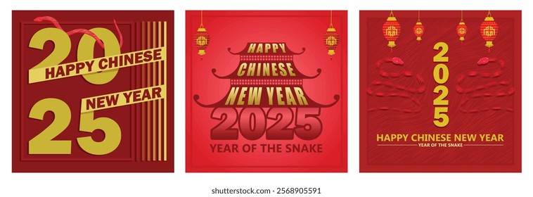 Chinese New Year 2025, the year of the snake. Temple decoration and lanterns. Two snakes and Chinese decorative elements. Chinese New Year 2025 concept. Set flat vector illustration.