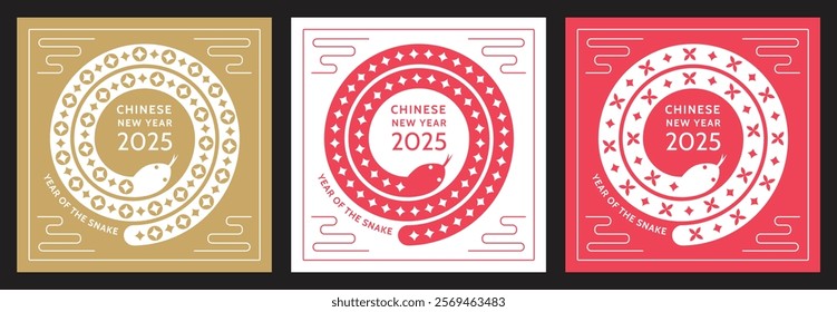 Chinese New Year 2025, Year of the Snake. Lunar New Year cards set.