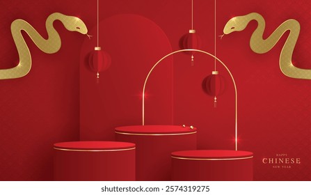 Chinese new year 2025 year of the snake for product. podium, backdrop, products showcase and promotion display on red background. lunar new year concept. vector design.