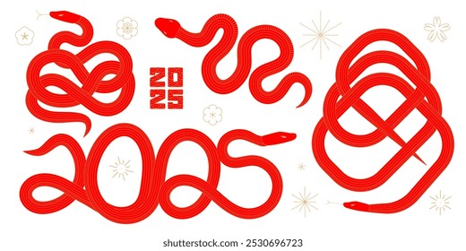 Ano novo chinês 2025 conjunto de cobras emaranhadas. Caracteres do zodíaco animal. Ilustração de vetor vermelho plano com contorno de linha dourada.