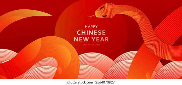 Chinese New Year 2025 vector background. Asian new year of the snake celebration banner in red, gold color, line gradient elements. Creative lunar snake celebration template.