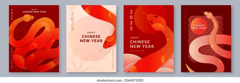 Chinese New Year 2025 vector background. Asian new year of the snake celebration cards in red, gold color, line gradient elements. Creative lunar snake celebration templates.