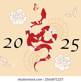 Chinese New Year 2025 vector illustration of Year of Snake Shio cover, poster and sale banner. Chinese zodiac Snake symbol.
