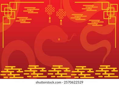 Chinese New Year 2025 Vector Background. Year of Snake Wallpaper Design with Modern Luxury Hanging Knot and Chinese Ornament in Red and Gold. High Resolution Lunar New Year Background and Wallpaper.