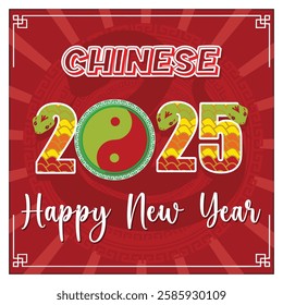 Chinese New Year 2025 with vibrant design elements, including snake imagery and traditional yin yang symbolism on a red backdrop, evoking celebration, prosperity, and cultural harmony. 