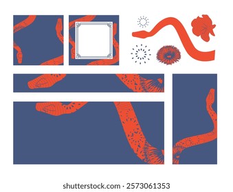 Chinese New Year 2025 web social media templates snake elements fireworks various sizes 12 blue