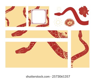 Chinese New Year 2025 web social media templates snake elements fireworks various sizes 12 yellow