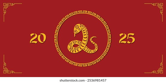 Chinese new year 2025 year of the wood snake with asian elements red and gold traditional simple style vector background