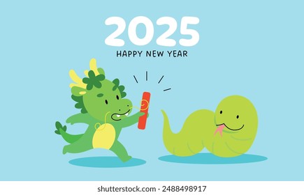 Chinese new year 2025 with zodiac snake and dragon. Cute zodiac dragon passing the baton to snake. Zodiac animals for lunar new year 2025 greetings card.