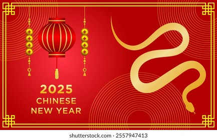 Chinese new year 2025 zodiac snake golden silhouette with Chinese pattern, gold hanging lantern and red background. Modern luxury oriental illustration wallpaper