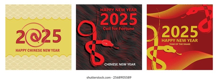 Chinese New Year 2025. Chinese zodiac symbol, Snake.Chinese New Year 2025 in red and gold. Chinese New Year 2025 concept. Set flat vector illustration.