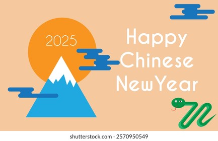 Chinese New Year 2025 zodiac snake with mountain, sun, snake as a greeting card