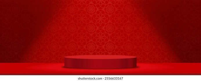 Chinese new year 2025,Studio Background Red Lunar Wallpaper,Platform 3d Podium Product Display for Mid Autumn Festival.Vector interior scene design banner for New Year holiday sale