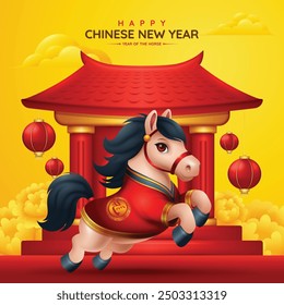 Fondo chino del año Nuevo 2026, caballo lindo 3d con la ilustración de la pagoda y de la linterna. Traducción: Caballo