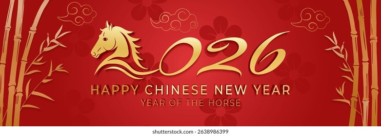 Chinese New Year 2026 banner with golden horse, bamboo, clouds, and plum blossom on red background. Vector festive oriental design for greeting cards, website headers, ads, posters, and prints.