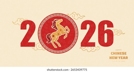 Chinese New Year 2026 banner with stylized golden horse zodiac symbol. Holiday greeting design with traditional Asian patterns and clouds on textured background, vector illustration.