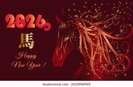 Chinese New Year 2026 celebration template, year of the horse .Horse in burning fire concept on black background. New Year 2026. Translation from Chinese: horse. Vector illustration