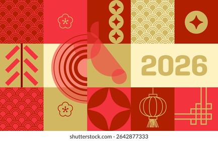 Modelo de design de Ano Novo chinês 2026. Feliz Ano Novo e símbolo do Ano do Cavalo