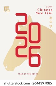 Chinese New Year 2026 design templates for greeting card, poster, banner, cover. Hieroglyphics mean wishes of a Happy New Year and symbol of the Year of the Horse.