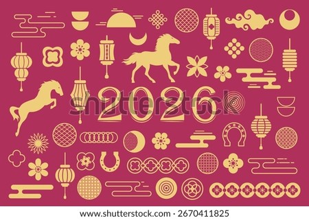 Chinese New Year 2026 element vector set. Year of the horse design. Icons of Asian Lunar New Year holiday decoration.