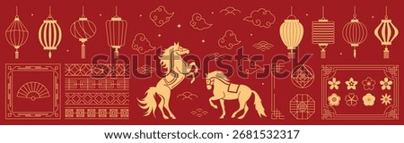 Chinese New Year 2026 element vector set. Year of the horse design. Lanterns, horse, firework, frame, pattern, cloud, coin, flower, pattern. Icons of Asian Lunar New Year holiday decoration.