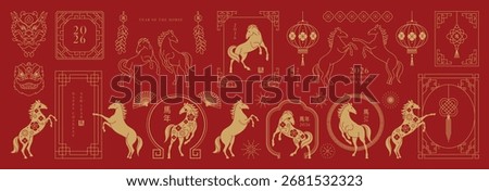 Chinese New Year 2026 element vector set. Year of the horse design. Lanterns, horse, firework, frame, pattern, cloud, coin, flower, pattern. Icons of Asian Lunar New Year holiday decoration.