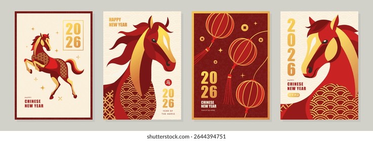 Ano Novo Chinês 2026.Conjunto de desenhos de cartões de saudação com ilustrações de cavalo e padrões chineses tradicionais para comemoração lunar e saudações de feriado.Os hieróglifos representam o ano do cavalo