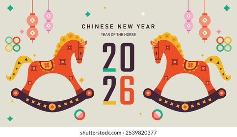 Chinese New Year 2026, Year of the horse 2026, symbol of a horse New Year, modern flat geometric style Chinese zodiac horse