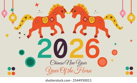 Año nuevo chino 2026, año del caballo 2026, año Nuevo 2026, estilo geométrico plano moderno Caballo del zodiaco chino