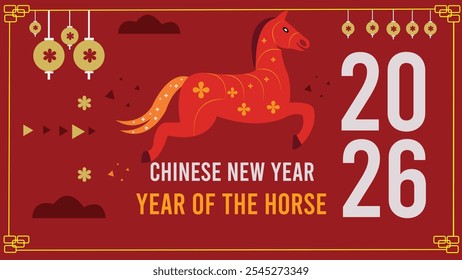  Año nuevo chino 2026, año del caballo 2026, estilo geométrico plano moderno Caballo del zodiaco chino